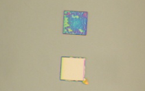 Figure A10: Top window still has some ⁍ remaining as seen by the blue color. Bottom window is all etched with bare silicon showing through. CMOS Lab Manual, Matthew Leone & Todd Kaiser.
